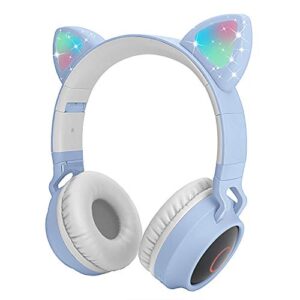 yurlgst kids cat ear headphones,wireless bluetooth headphones with flashing led light, sd card slot, fm,3.5 mm audio jack wired kids on ear headphones for boys girls adults(light blue)