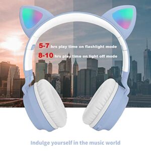 Yurlgst Kids Cat Ear Headphones,Wireless Bluetooth Headphones with Flashing Led Light, SD Card Slot, FM,3.5 mm Audio Jack Wired Kids On Ear Headphones for Boys Girls Adults(Light Blue)