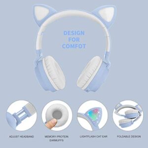 Yurlgst Kids Cat Ear Headphones,Wireless Bluetooth Headphones with Flashing Led Light, SD Card Slot, FM,3.5 mm Audio Jack Wired Kids On Ear Headphones for Boys Girls Adults(Light Blue)