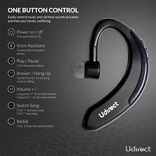 Udirect Bluetooth Wireless Headset, Hands Free, Over The Ear, 3 Button Functions, Business Minded,