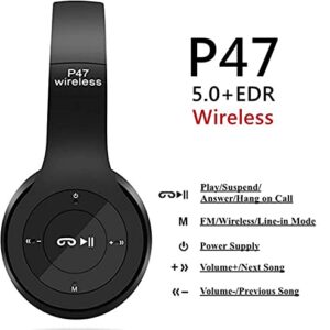 Gaea P47 Wireless Headphones Rechargeable Bluetooth 5.0 Over Ear Headphones Foldable Headset with Built-in Mic Lightweight Headset with Wired Mode for Kids Adults Black