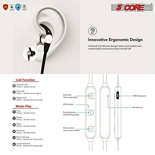 5 CORE Premium Bluetooth Earbuds Neckband Magnetic Bluetooth Headphones Wireless Bluetooth 5.0 Headphones Sweat Proof & IPX7 Waterproof Earphones 12 Hours Playtime for Gym Workout EP02 B