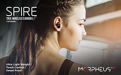 Morpheus 360 Spire True Wireless Earbuds TW1500B (Black), Noise Isolation Touch Control Light-Weight Mini Sweat Proof Waterproof Earbuds with Deep Bass