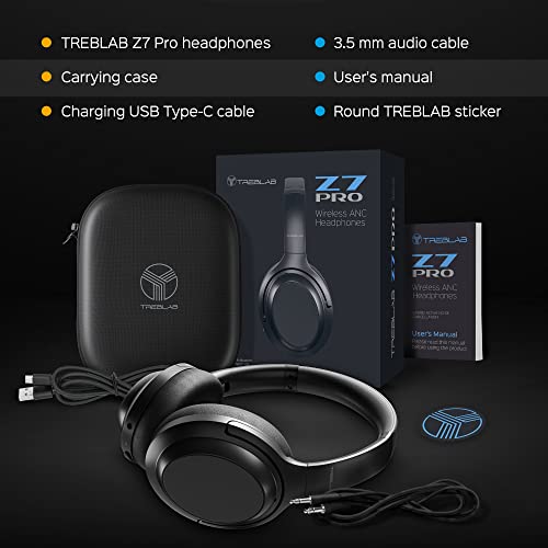 TREBLAB Z7 PRO - Hybrid Active Noise Canceling Headphones with Mic - 45H Playtime & USB-C Fast Charging, ANC Wireless Over Ear Bluetooth Headphones w/aptX, Stereo Sound, Touch Control (Grey) (Renewed)