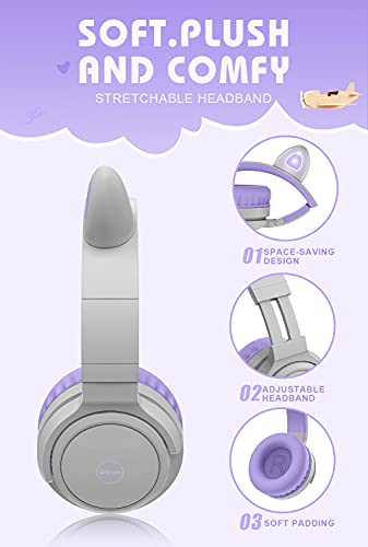 Picun B29 Kids Headphone with Microphone Wireless Bluetooth 5.0,40Hours Playing Wireless Over Ear Headphone for Kids Girls Boys,Stereo Sound, for Online Learning/School/Travel/Tablet (Grayish Purple)