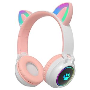 pink stereo gaming headset with mic, 3.5mm sound cat ear wireless foldable bluetooth headphones lightweight self-adjusting over ear headphones for pc, tv, phone,online distant learning