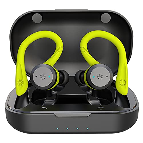 Green Wireless Earbuds with Earhooks IPX7 Waterproof Running Sport in Ear Headphones Noise Cancelling Earphones Bluetooth Ear Buds Workout Deep Bass Headset TWS Stereo Built-in Mic for Android iOS