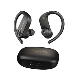 happyaudio s1 earbud tws headphones bluetooth 5.0 wireless headset sports w/ear hooks built-in mic volume control, ipx7 water resistant sweatproof, 56hrs playtime for ios android (black)