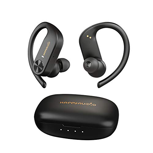 HAPPYAUDIO S1 Earbud TWS Headphones Bluetooth 5.0 Wireless Headset Sports w/Ear Hooks Built-in Mic Volume Control, IPX7 Water Resistant Sweatproof, 56Hrs Playtime for iOS Android (Black)