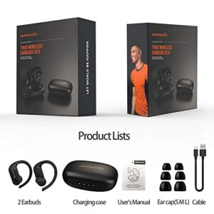 HAPPYAUDIO S1 Earbud TWS Headphones Bluetooth 5.0 Wireless Headset Sports w/Ear Hooks Built-in Mic Volume Control, IPX7 Water Resistant Sweatproof, 56Hrs Playtime for iOS Android (Black)