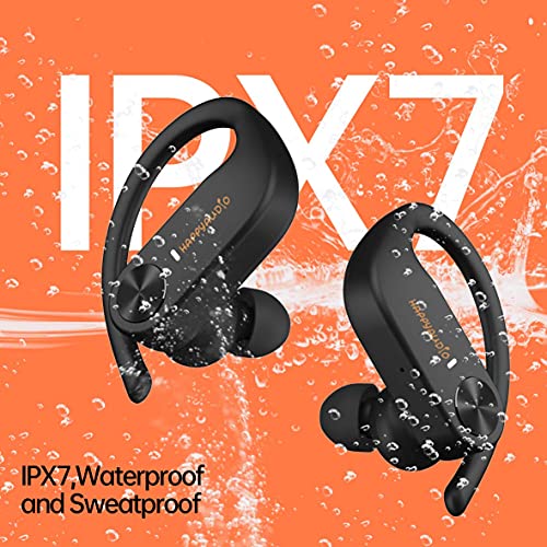 HAPPYAUDIO S1 Earbud TWS Headphones Bluetooth 5.0 Wireless Headset Sports w/Ear Hooks Built-in Mic Volume Control, IPX7 Water Resistant Sweatproof, 56Hrs Playtime for iOS Android (Black)