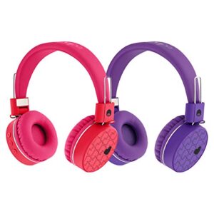 rockpapa k8 foldable childrens kids wireless headphones 2 pack, bluetooth on ear headsets with mic and remote control, hands-free call, including wired mode pink&purple