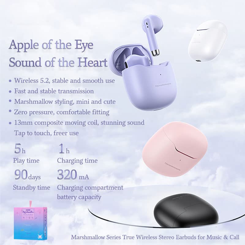 Bluetooth Headphone Light as Marshmallow True Wireless with Compact Charging Case Earbud Bluetooth Earbuds Stereo Bass Purple Earbuds Multi-Mode Touch Control 5.3 Bluetooth for Music