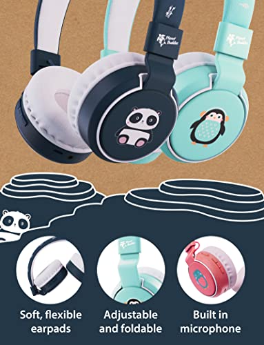 Planet Buddies Cute Panda On-Ear Bluetooth Headphones for Kids | Foldable Wireless Kids Headphones | Kids Headset with Microphone for Tablets and Phones | Child-Safe Volume for School, Music & Calls