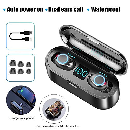 F9 TWS 5.0 Wireless Earbuds Sports Stereo, Charging and Protective Case with Led Display, Automatic Synchronization., Black