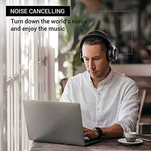 Qisebin Active Noise Cancelling Headphones, E7 Bluetooth Headphones with Microphone Deep Bass Wireless Headphones Over Ear, Comfortable Protein Earpads, 30 Hours Playtime for Travel/Work, Black