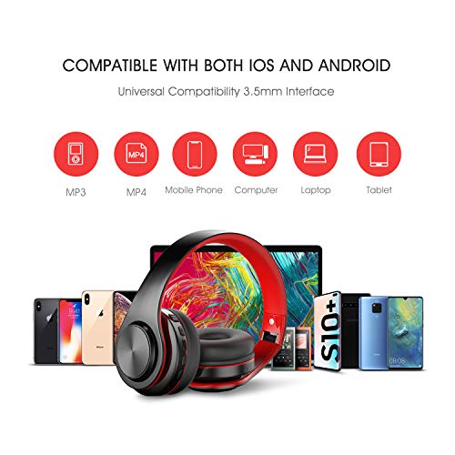 Viwind Bluetooth Wireless Headphones Over Ear with Mic, Foldable Noise Cancelling Headset for Travel Work TV PC Android Cellphone 【Hi-Fi Stereo &Comfortable Earpads】-Red