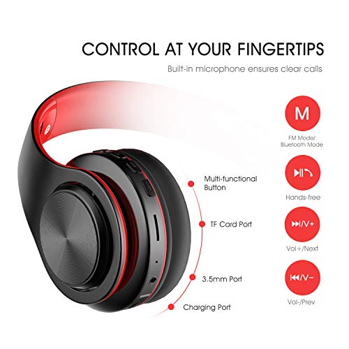 Viwind Bluetooth Wireless Headphones Over Ear with Mic, Foldable Noise Cancelling Headset for Travel Work TV PC Android Cellphone 【Hi-Fi Stereo &Comfortable Earpads】-Red