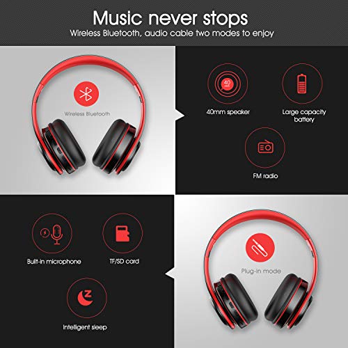 Viwind Bluetooth Wireless Headphones Over Ear with Mic, Foldable Noise Cancelling Headset for Travel Work TV PC Android Cellphone 【Hi-Fi Stereo &Comfortable Earpads】-Red