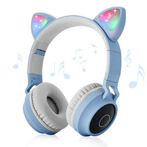 ycdtmy cat ear headphone,kids wireless headphones, cat ear led light up foldable headphones over ear with microphone, stereo sound, fm radio,tf card, headset for phones/pad/smartphones/laptop (blue)