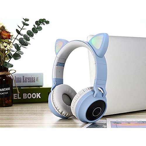 YCDTMY Cat Ear Headphone,Kids Wireless Headphones, Cat Ear LED Light Up Foldable Headphones Over Ear with Microphone, Stereo Sound, FM Radio,TF Card, Headset for Phones/Pad/Smartphones/Laptop (Blue)
