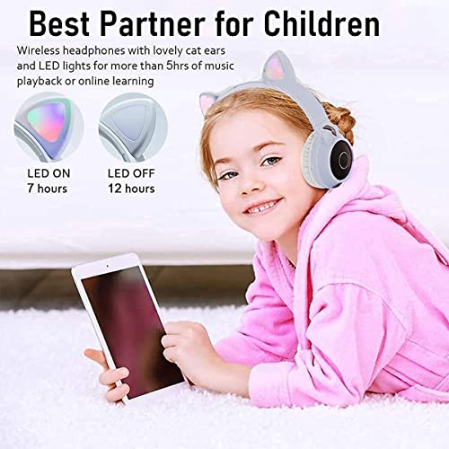 YCDTMY Cat Ear Headphone,Kids Wireless Headphones, Cat Ear LED Light Up Foldable Headphones Over Ear with Microphone, Stereo Sound, FM Radio,TF Card, Headset for Phones/Pad/Smartphones/Laptop (Blue)