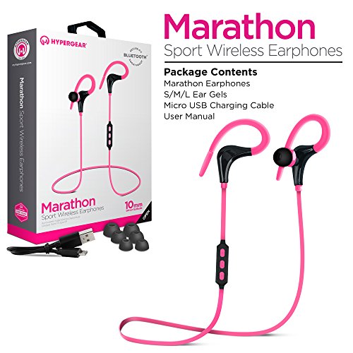 HyperGear Marathon Sport Wireless Bluetooth Earphones. Hands-free Music + Mic For Calls. Secure Fit & sweatproof For The Gym, Running & Walking (Pink)