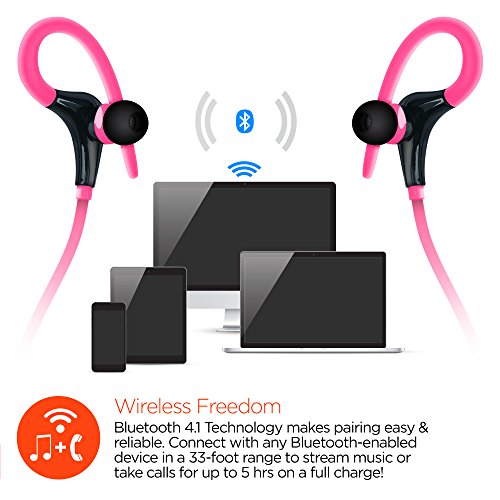 HyperGear Marathon Sport Wireless Bluetooth Earphones. Hands-free Music + Mic For Calls. Secure Fit & sweatproof For The Gym, Running & Walking (Pink)