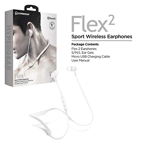 HyperGear Flex 2 Sport Wireless Earphones. Hands-free Music & Calls + Removable Neckband & Sweat-proof For At The Gym,Cycling,Running &Walking (White)