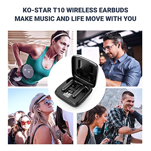 KO-STAR Ultra-Light Wireless Earbuds, 5.1 Bluetooth Earbuds, LED Display, Exceed 33 feet Connection, Touch Control, Built-in Microphones, 24hs Playtime Bluetooth Headphones for Sports/Work-T10 Black