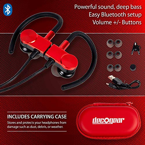 Deco Gear Magnetic Bluetooth Wireless Sport Hi-Fi Earbud Headphones - Red - with Built in Clear Call Microphone & Playback Controls + Carry Case