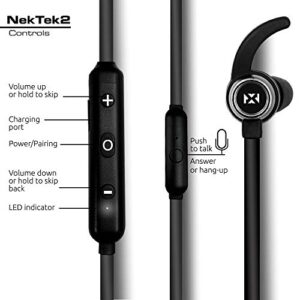 NVX NekTek2 Behind-The-Neck Bluetooth Wireless Headphones - 10 Hour Playback Time - ComfortMax Memory Foam Tips - Fast 40 Minute Charge Time - Built-in Microphone