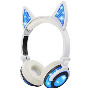 olyre intelligent wireless cat headphones for kids with microphone on-ears stereo foldable led cute kitty gift bluetooth headset, compatible with computer tablet pc ipad smartphone laptop, blue