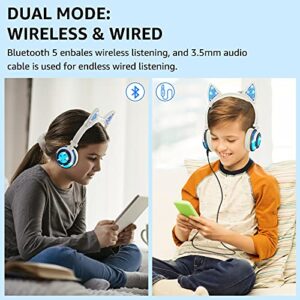 Olyre Intelligent Wireless Cat Headphones for Kids with Microphone On-Ears Stereo Foldable LED Cute Kitty Gift Bluetooth Headset, Compatible with Computer Tablet PC iPad Smartphone Laptop, Blue