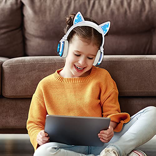 Olyre Intelligent Wireless Cat Headphones for Kids with Microphone On-Ears Stereo Foldable LED Cute Kitty Gift Bluetooth Headset, Compatible with Computer Tablet PC iPad Smartphone Laptop, Blue