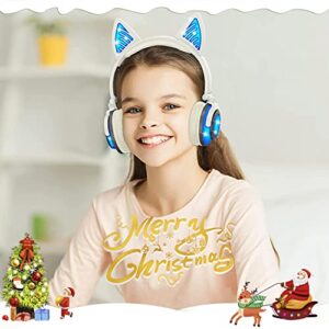 Olyre Intelligent Wireless Cat Headphones for Kids with Microphone On-Ears Stereo Foldable LED Cute Kitty Gift Bluetooth Headset, Compatible with Computer Tablet PC iPad Smartphone Laptop, Blue