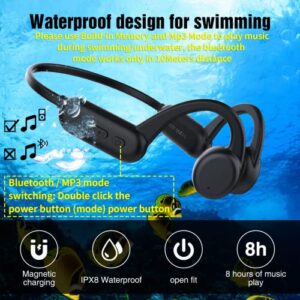 Bone Conduction Headphones, IPX8 Waterproof Headsets for Swimming, 8H Playtime, Open Ear Bluetooth Wireless Earphones with 8GB Flash Memory, for Running, Diving, Workout, Cycling