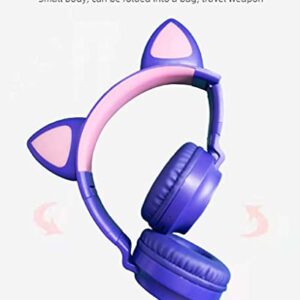 Asmi Bluetooth Headphones, Wireless Cat Ear Headphones LED Light Up Wireless Headphones Over Ear, Foldable & Lightweight Stereo Wireless Headset for Travel Work TV PC Cellphone (Purple)