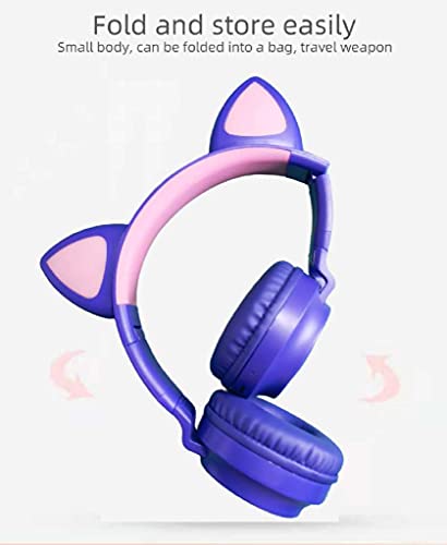 Asmi Bluetooth Headphones, Wireless Cat Ear Headphones LED Light Up Wireless Headphones Over Ear, Foldable & Lightweight Stereo Wireless Headset for Travel Work TV PC Cellphone (Purple)