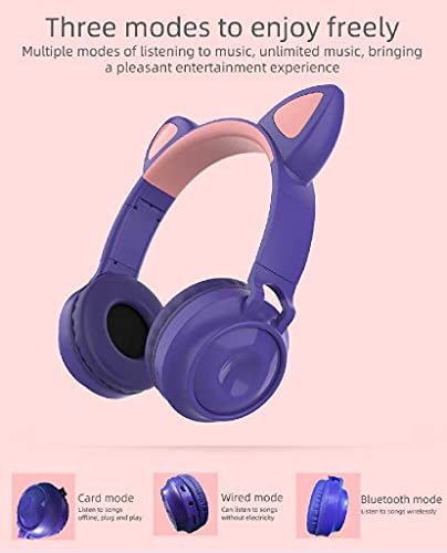 Asmi Bluetooth Headphones, Wireless Cat Ear Headphones LED Light Up Wireless Headphones Over Ear, Foldable & Lightweight Stereo Wireless Headset for Travel Work TV PC Cellphone (Purple)