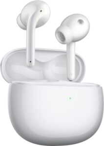 xiaomi buds 3, up to 40db anc, 3 anc modes, dual transparency modes, dual-magnetic dynamic driver, hi-fi sound quality, 32 hours battery life, ip55 dust and water resistance, wireless charging, white
