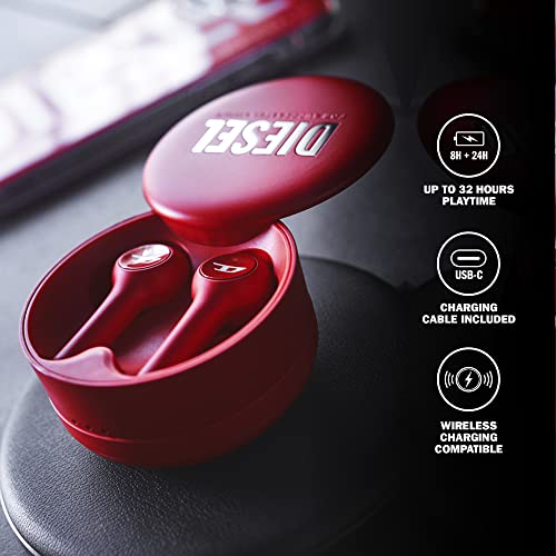 Diesel True Wireless Earbuds, in Ear Bluetooth Headphones with 32 Hr Playtime, Wireless Charging Case, Waterproof Headset, LED Battery Power Indicator, iPhone and Android Compatible Earphones, Red