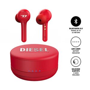 Diesel True Wireless Earbuds, in Ear Bluetooth Headphones with 32 Hr Playtime, Wireless Charging Case, Waterproof Headset, LED Battery Power Indicator, iPhone and Android Compatible Earphones, Red