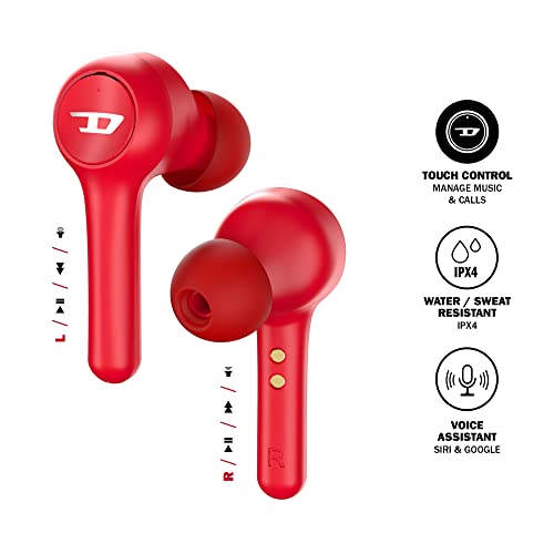 Diesel True Wireless Earbuds, in Ear Bluetooth Headphones with 32 Hr Playtime, Wireless Charging Case, Waterproof Headset, LED Battery Power Indicator, iPhone and Android Compatible Earphones, Red