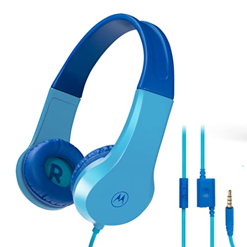 Motorola Moto JR200 Kids Headphones with Microphone - Lightweight Over Ear Wired Foldable Design, Safe Volume Limit 85dB, Audio Splitter for Sharing - Ideal for School, Home, Travel, Gaming - Blue