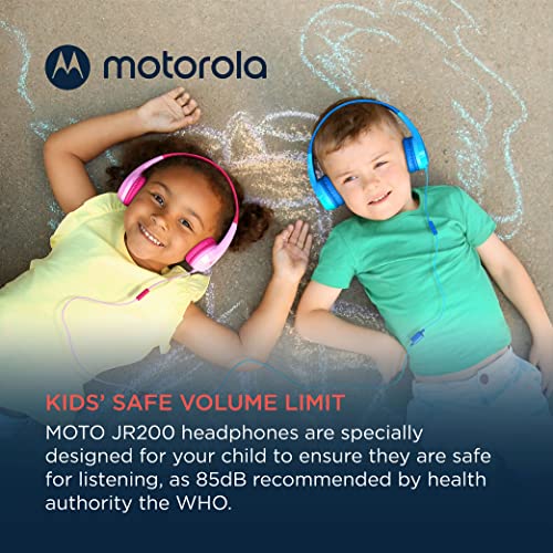 Motorola Moto JR200 Kids Headphones with Microphone - Lightweight Over Ear Wired Foldable Design, Safe Volume Limit 85dB, Audio Splitter for Sharing - Ideal for School, Home, Travel, Gaming - Blue