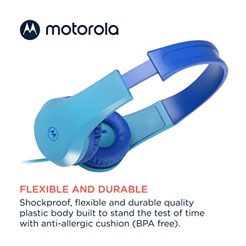 Motorola Moto JR200 Kids Headphones with Microphone - Lightweight Over Ear Wired Foldable Design, Safe Volume Limit 85dB, Audio Splitter for Sharing - Ideal for School, Home, Travel, Gaming - Blue