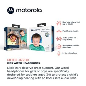 Motorola Moto JR200 Kids Headphones with Microphone - Lightweight Over Ear Wired Foldable Design, Safe Volume Limit 85dB, Audio Splitter for Sharing - Ideal for School, Home, Travel, Gaming - Blue