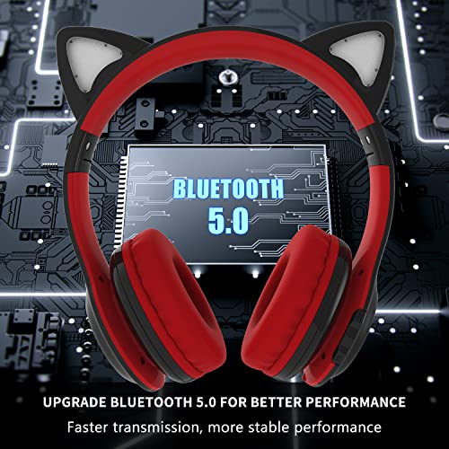 ShuQiaoSi Bluetooth Headphone Cat Ear for School with LED Light, Foldable Kids Headphones, Wired Headset with 3.5mm Microphone Volume, for iPhone/iPad//Laptop/PC/TV for Children(Black)