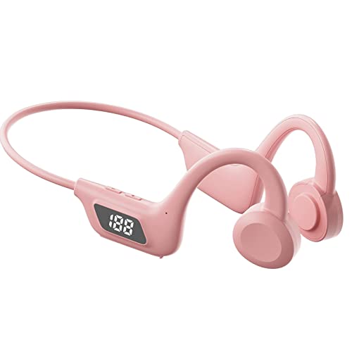 Wireless Bone Conduction Headphones, Lightweight Bluetooth Headset, Open Ear Sports Headset Built-in Mic Sweatproof for Running, Cycling (Digital Display Pink)